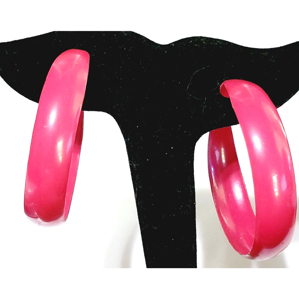Vintage Lipstick Pink Hoop Pierced Earrings 2" Large Lightweight Metal rp-38